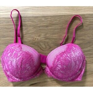 Victoria's Secret Very Sexy Push-Up 32C Bright Pink Lace Mesh Metallic Bodycon